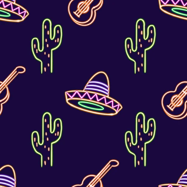 Vibrant Neon Sombrero Pattern Colorful Cactus Guitar Design Dalam Bahasa — Stok Foto