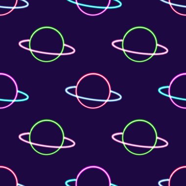 Neon Kozmik Gezegenler Kusursuz Şablon, parlayan masaüstü simgesi, neon çıkartması, neon figür, parıldayan figür, neon geometrik şekiller. Yüksek kaliteli illüstrasyon