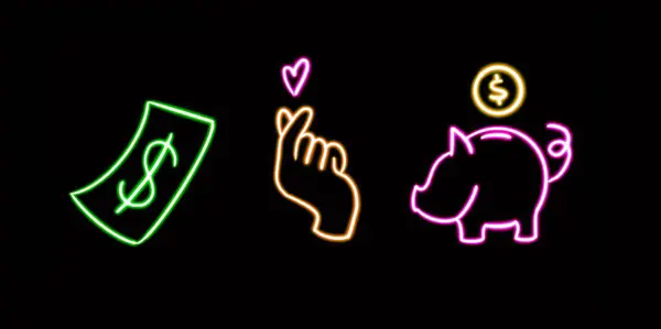 Neon Finance Set Dollar Bill Sparschwein Hand Leuchtende Desktop Symbol — Stockfoto