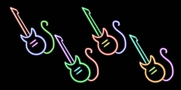 set neon electric guitar glowing desktop icon, neon gitar sticker, neon guitar figure, glowing figure, neon geometrical figures . High quality illustration