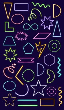 Parlak masaüstü simgesi, neon set geometrik çıkartma, neon geometrik figür, parıldayan figür, neon geometrik şekiller ayarlayın. Yüksek kaliteli illüstrasyon