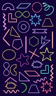 Parlak masaüstü simgesi, neon set geometrik çıkartma, neon geometrik figür, parıldayan figür, neon geometrik şekiller ayarlayın. Yüksek kaliteli illüstrasyon
