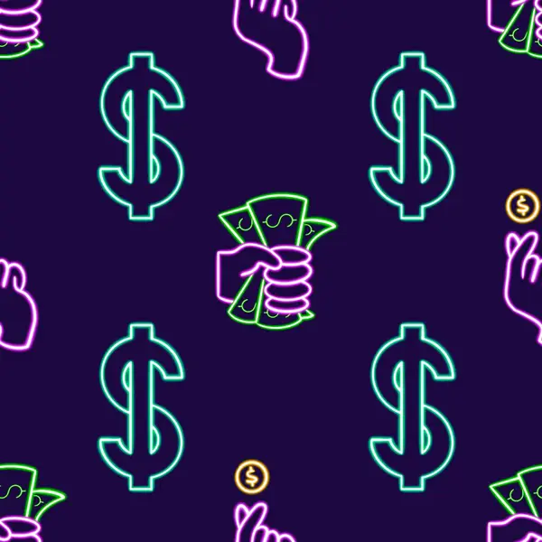 Neon Finance Seamless Pattern Hand Holding Dollar Bill Χέρι Πετώντας — Φωτογραφία Αρχείου