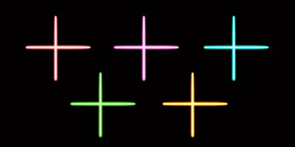 幾何学的な十字の形および光るデスクトップのアイコン ネオンプラスのステッカー ネオン幾何学的な十字図 輝く図 ネオン幾何学的な図を置いて下さい 高品質のイラスト — ストック写真