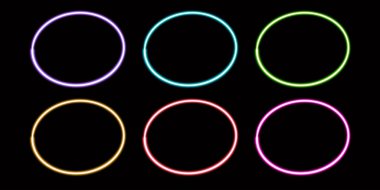 Parlayan daire masaüstü simgesi, neon çerçeve etiketi, neon figür, parıldayan figür, neon geometrik şekiller. Yüksek kaliteli illüstrasyon