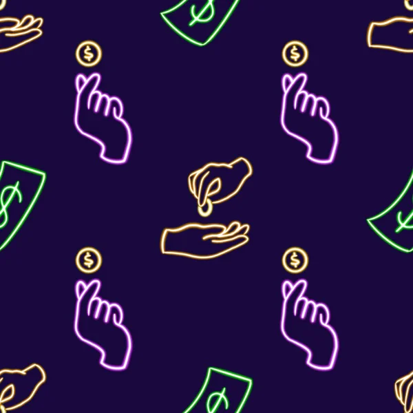 Neon Finance Seamless Pattern Hand Wirft Münzen Giving Receiving Money — Stockfoto