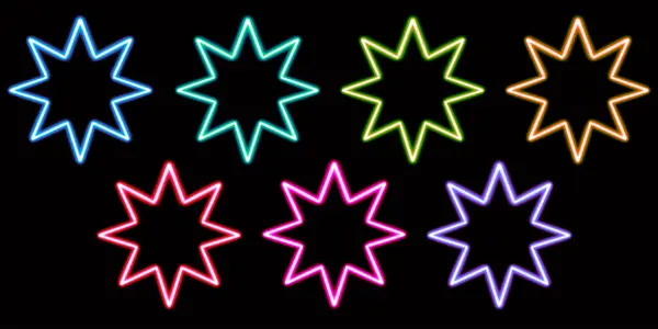 set geometric octagonal star glowing desktop icon, neon star sticker, neon figure, glowing figure, neon geometrical figures . High quality illustration