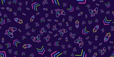 Masaüstü simgesinde parlayan kusursuz desenli neon oyunlar, neon oyun joystick çıkartması, neon roket figürü, parlayan ok figürü, neon geometrik şekiller. Yüksek kaliteli illüstrasyon