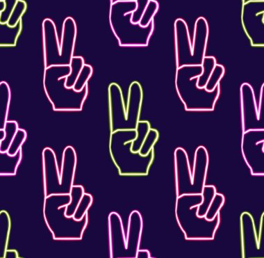Kusursuz desenli Barış İşareti El, parlayan masaüstü simgesi, neon yapıştırması, neon barış işareti el figürü, parlayan figür, neon geometrik şekiller. Yüksek kaliteli illüstrasyon