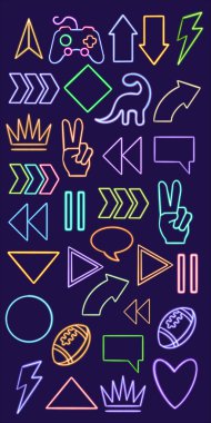 Parlak masaüstü simgesi, neon set geometrik çıkartma, neon geometrik figür, parıldayan figür, neon geometrik şekiller ayarlayın. Yüksek kaliteli illüstrasyon