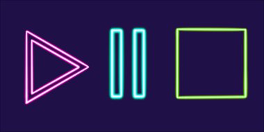Oynat, durdur ve parlayan masaüstü simgesini, neon yapıştırmasını, neon figürünü, parıldayan figürü, neon geometrik figürleri duraklat. Yüksek kaliteli illüstrasyon
