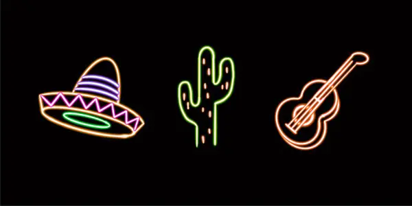 Neon Sombrero Cactus Set Ícone Mesa Brilhante Adesivo Néon Figura — Fotografia de Stock