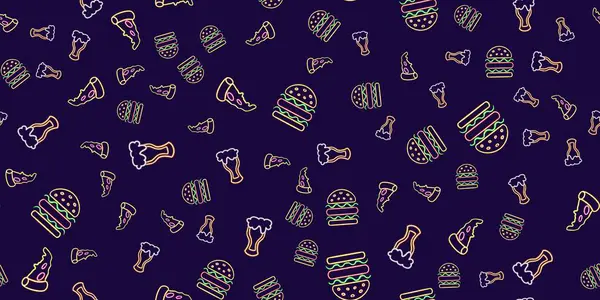 seamless pattern beer and a burger glowing desktop icon, neon fast food sticker, neon figure, glowing figure, neon geometrical figures . High quality illustration