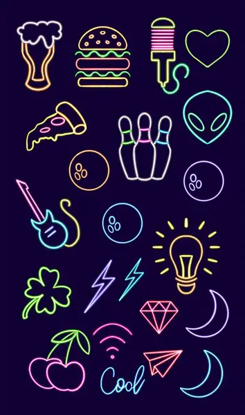 big set glowing desktop icon, neon alien and pizza sticker, neon figure, glowing figure, neon geometrical figures . High quality illustration