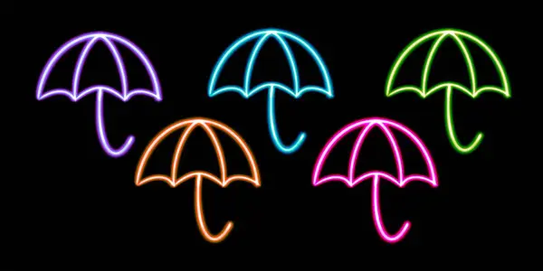 set glowing desktop icon, neon umbrella sticker, neon parasol figure, glowing figure, neon geometrical figures . High quality illustration