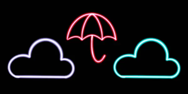 set glowing desktop icon, neon umbrella sticker, neon parasol figure, glowing figure, neon cloud geometrical figures . High quality illustration