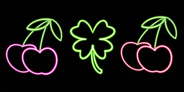 set casino glowing desktop icon, neon cherries sticker, neon clover figure, glowing figure, neon geometrical figures . High quality illustration