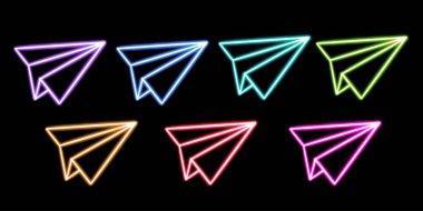 Masaüstü simgesi parlayan kağıt uçak, neon mesaj etiketi, neon figür, parıldayan figür, neon geometrik şekiller. Yüksek kaliteli illüstrasyon