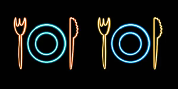 set cutlery glowing desktop icon, neon plate with fork and knife sticker, neon canteen figure, glowing figure, neon geometrical figures . High quality illustration