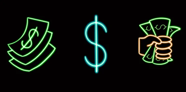 Neon Finance Set, Dollar Bill, Dollar Sign, Hand. glowing desktop icon, neon sticker, neon figure, glowing figure, neon geometrical figures . High quality illustration