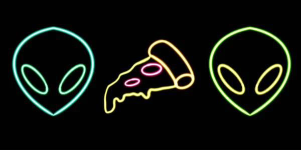 set alien and pizza glowing desktop icon, neon alien and pizza sticker, neon figure, glowing figure, neon geometrical figures . High quality illustration