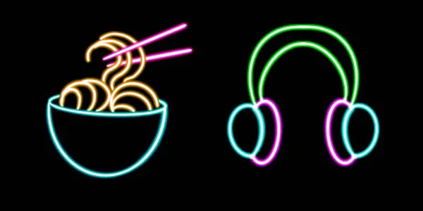 set headphones glowing desktop icon, neon noodle soup sticker, neon headphones music figure, glowing figure, neon geometrical figures . High quality illustration