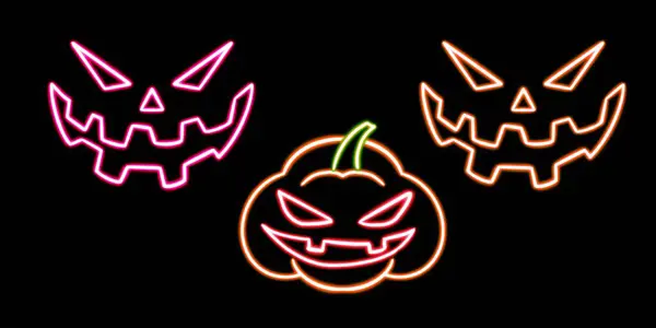 set Jack-o-lantern glowing desktop icon, neon Pumpkin face Halloween sticker, neon figure, glowing figure, neon geometrical figures . High quality illustration