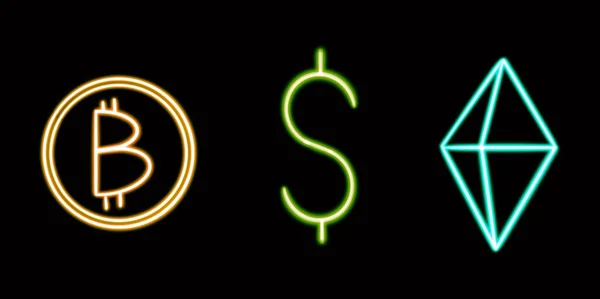 Neon Finance Set, Ethereum, Gold Coin, Dollar Sign. glowing desktop icon, neon sticker, neon figure, glowing figure, neon geometrical figures . High quality illustration