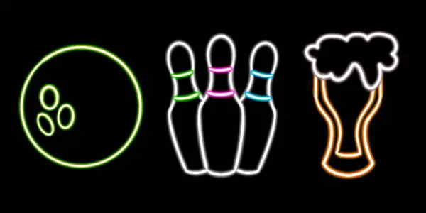 set beer glowing desktop icon, neon bowling ball sticker, neon skittles figure, glowing figure, neon geometrical figures . High quality illustration