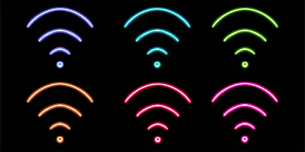 set communication glowing desktop icon, neon wi-fi sticker, neon internet figure, glowing figure, neon geometrical figures . High quality illustration