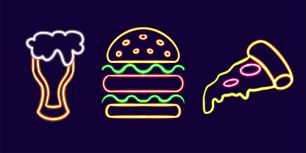 set beer and a burger glowing desktop icon, neon fast food sticker, neon pizza figure, glowing figure, neon geometrical figures . High quality illustration