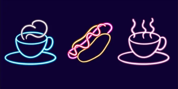set coffee glowing desktop icon, neon cup sticker, neon hot-dog figure, glowing figure, neon cafe geometrical figures . High quality illustration