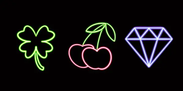 Neon Casino Set, Cherries, Clover, Diamond. glowing desktop icon, neon sticker, neon figure, glowing figure, neon geometrical figures . High quality illustration