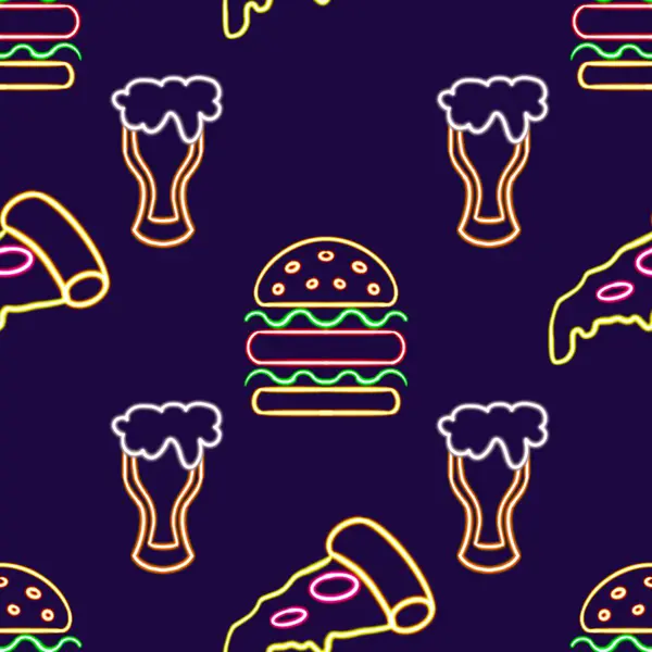 seamless pattern beer and a burger glowing desktop icon, neon fast food sticker, neon figure, glowing figure, neon geometrical figures . High quality illustration