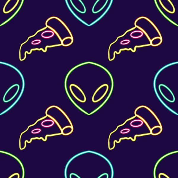 seamless pattern alien and pizza glowing desktop icon, neon alien and pizza sticker, neon figure, glowing figure, neon geometrical figures . High quality illustration