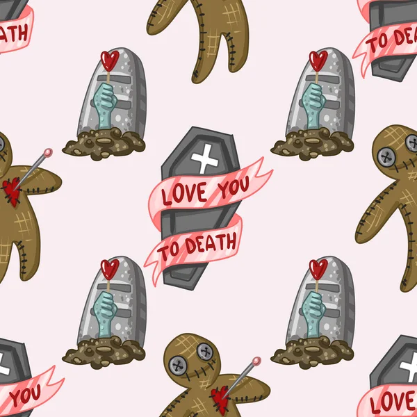 Ürkütücü Sevgililer Günü kusursuz deseni, Ürkütücü Valentine, Pastel Goth dijital etiketleri, Alternatif Sevgililer Günü vektörü EPS10. Vektör illüstrasyonu
