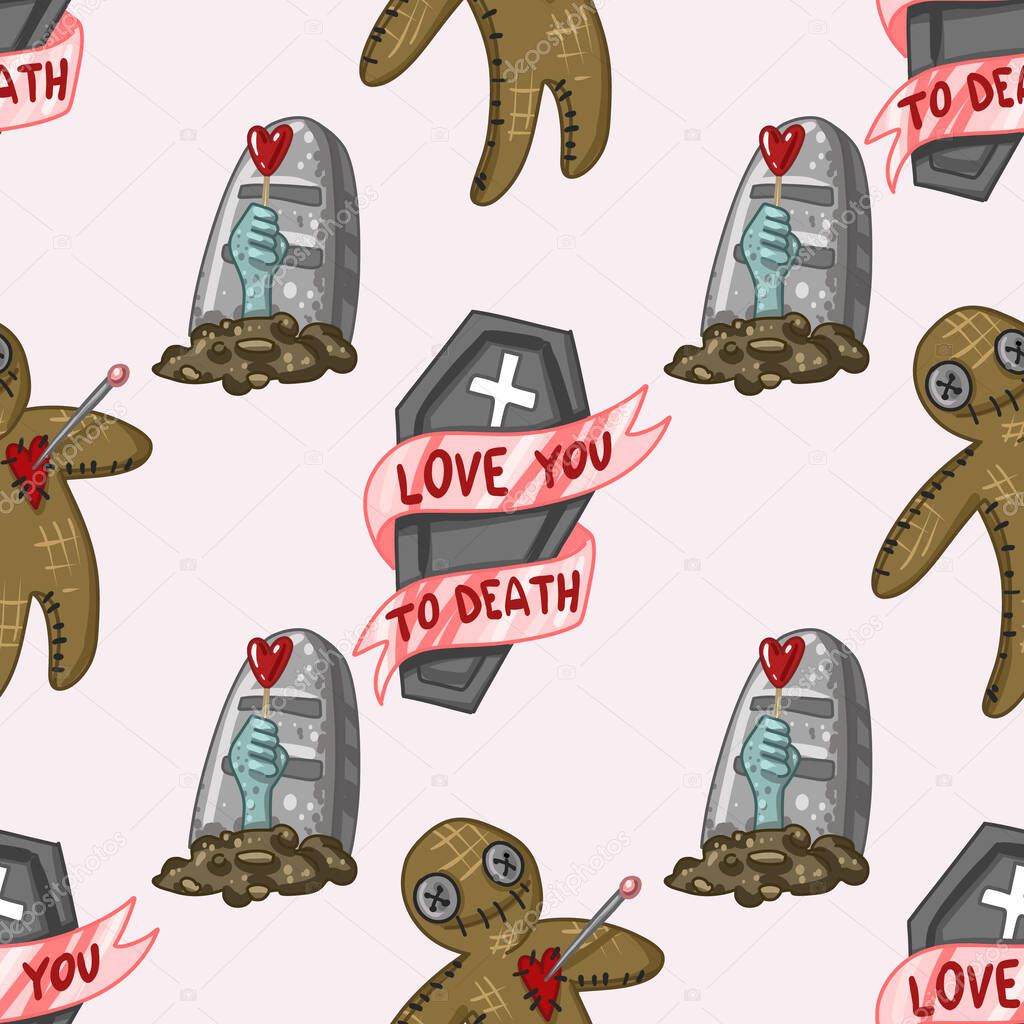 Creepy Valentine seamless pattern, Spooky Valentine, Pastel Goth digital stickers, Alternative Valentine day vector EPS10. Vector illustration