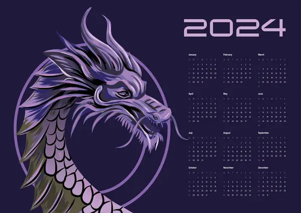 Ejder Takvimi 2024. Vektör afişi, takvimsel Çin Yeni Yılı. Ejderha kağıt kesiği yılı. Parlak renkli zodyak ejderhası. Poster kartı. Vektör illüstrasyonu