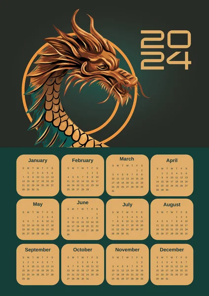 Kalenderdrake 2024 Vektor Affisch Kalender Orientalisk Kinesiska Nyår Drakpappersskärningens Ljusfärgade — Stock vektor