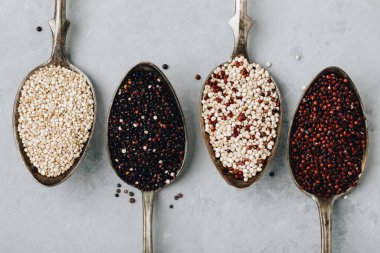 Quinoa. Red black white quinoa seeds in spoon on gray stone background, top view. Set with different types of quinoa in spoons.