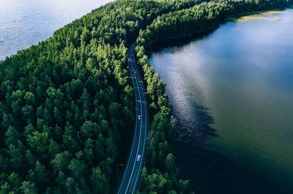 Yazın Finlandiya 'da yeşil ormanlık ve mavi göllerdeki yol manzarası