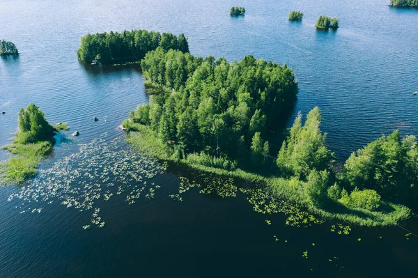 Letecký Pohled Modré Jezero Ostrovy Zelené Lesy Létě Finsko — Stock fotografie