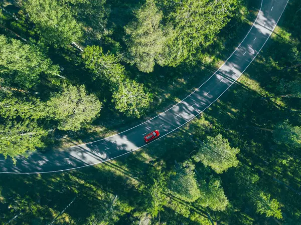 芬兰乡村道路和绿林上有车架的红色轿车的空中照片 免版税图库图片