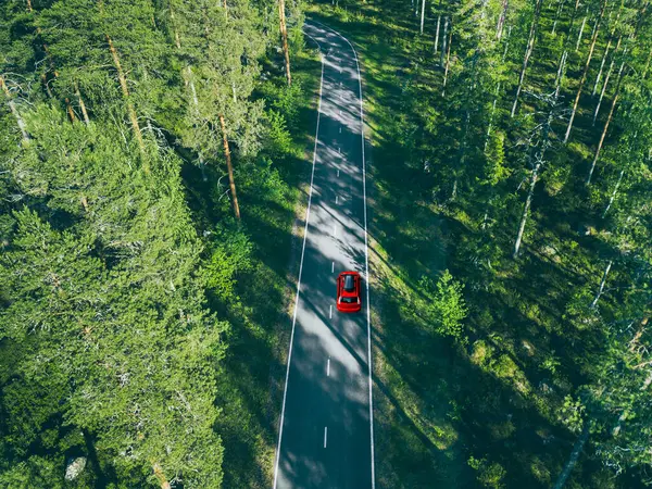 芬兰乡村道路和绿林上有车架的红色轿车的空中照片 图库照片