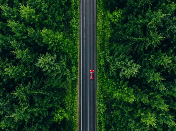 Вид Повітря Машину Рейкою Заміській Дорозі Зеленим Лісом Влітку Фінляндія Ліцензійні Стокові Фото