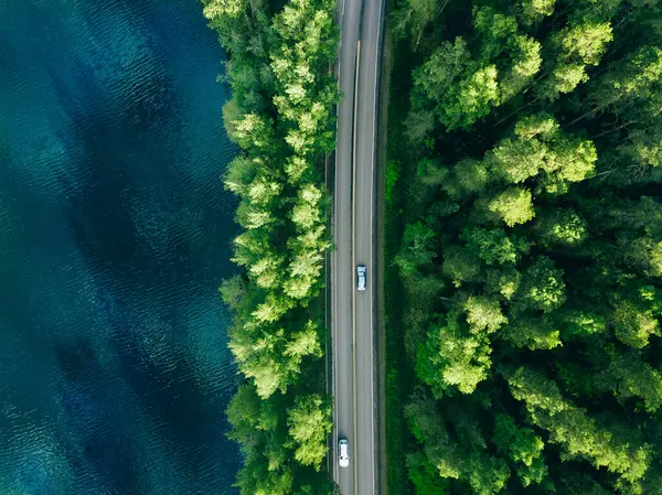 Αεροφωτογραφία Του Δρόμου Μεταξύ Πράσινου Δάσους Δένδρων Και Γαλάζιου Νερού Φωτογραφία Αρχείου