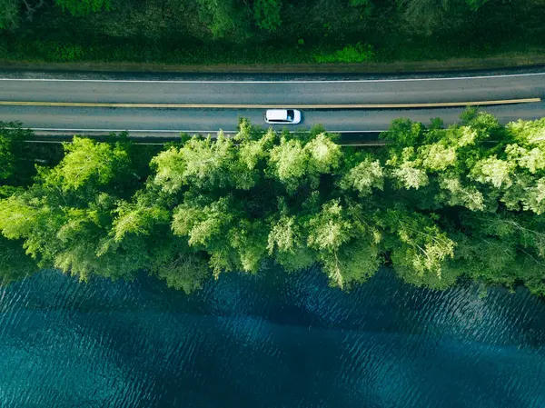 Aerial View Road Green Tree Forest Blue Lake Sea Water Royalty Free Stock Photos