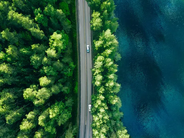 Aerial View Road Green Tree Forest Blue Lake Sea Water Royalty Free Stock Images