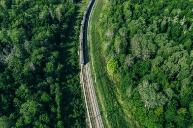 Güzel yeşil yaz ormanlarında trenin insansız hava aracı görüntüsü. Tren istasyonuna giden uzun banliyö treni.