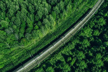 Güzel yeşil yaz ormanlarında trenin insansız hava aracı görüntüsü. Tren istasyonuna giden uzun banliyö treni.
